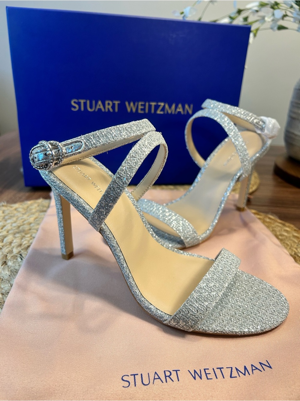 Stuart Weitzman Silver Glitter Strappy Stiletto Sandals (sz 8.5)